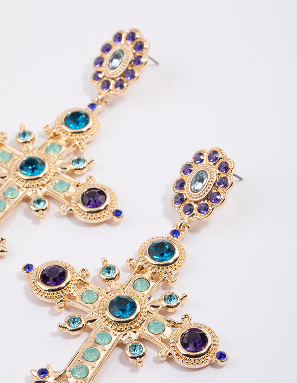 Gold Multi Cross Stone Drop Earrings