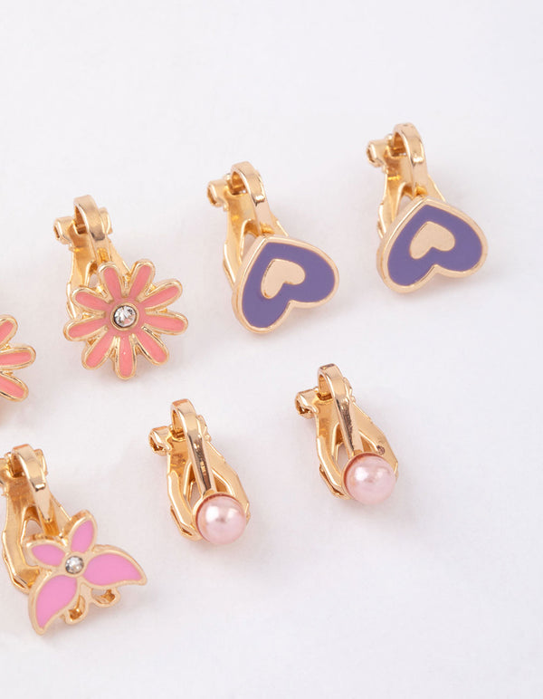 Kids Pink Flower Clip On Stud Earrings 6-Pack