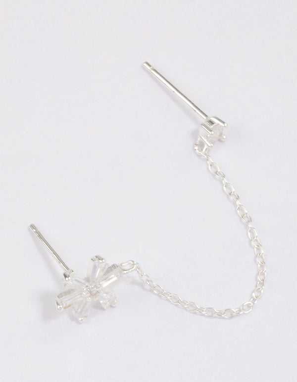Sterling Silver Baguette Flower Chain Stud Earrings