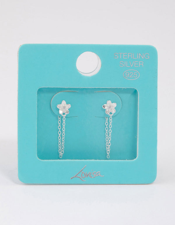 Sterling Silver Flower Stud Chain Earrings