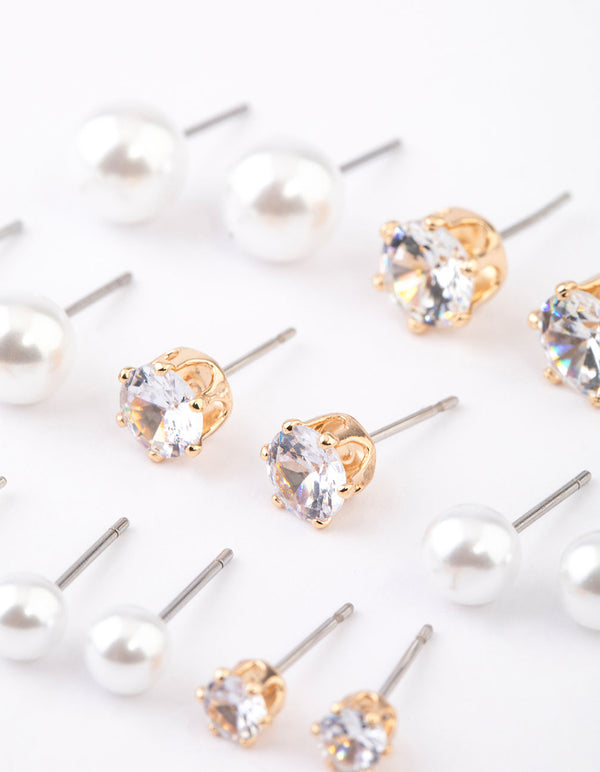 Gold Graduating Diamante & Pearl Earrings 8-Pack