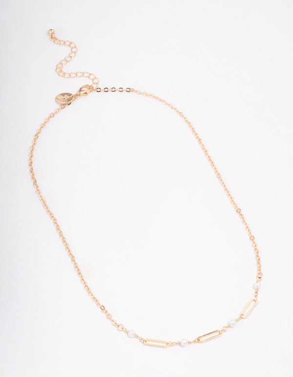 Gold Pearl Rectangle Link Short Necklace