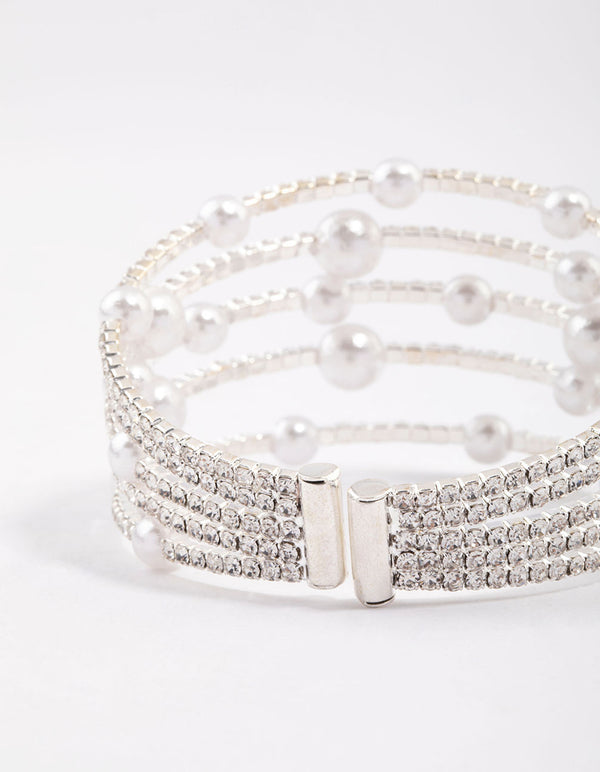 Silver Diamante & Pearl Decorative Wrist Cuff
