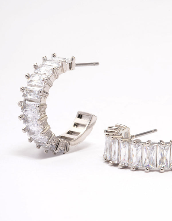 Silver Cubic Zirconia Baguette Hoop Earrings
