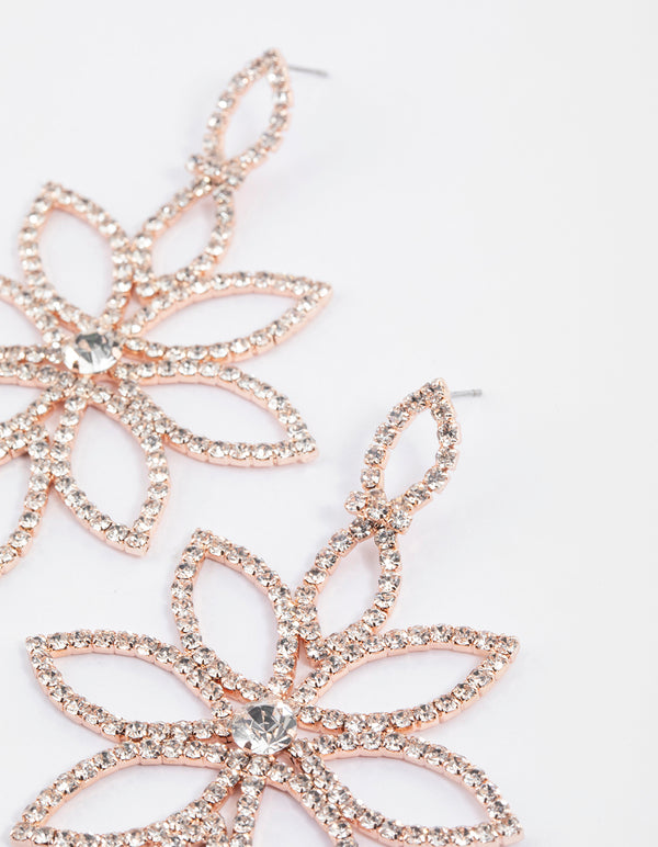 Rose Gold Flower Diamante Drop Earrings