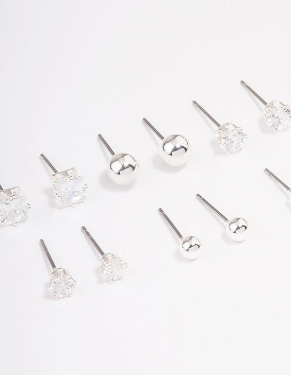 Silver Plated Cubic Zirconia & Ball Stud Earring 6-Pack