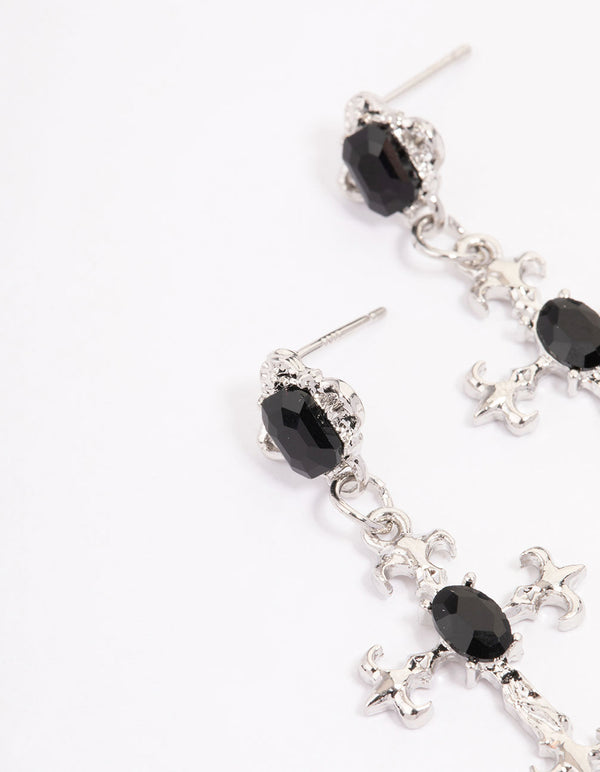 Silver Ornate Cross Drop Earrings