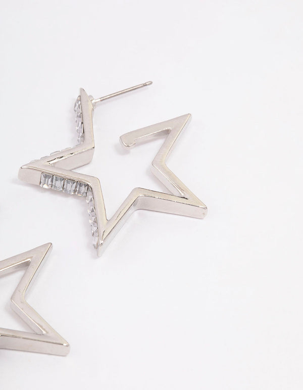 Silver Baguette Diamante Star Hoop Earrings