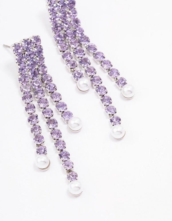Purple Double Row Cup Chain Pearl Drop Earrings