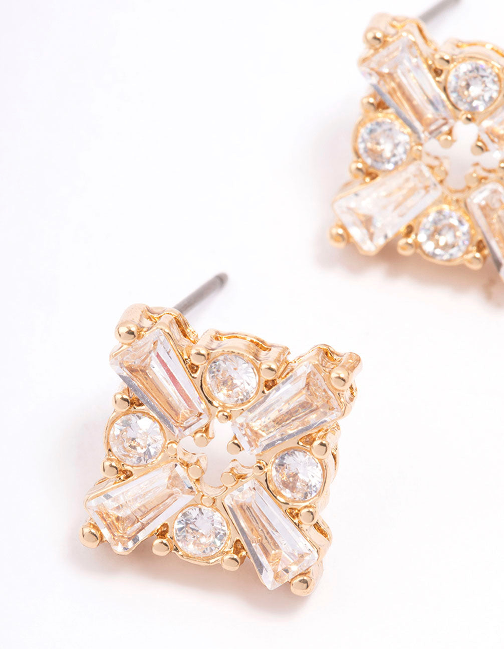 Gold Plated Round & Baguette Stud Earrings