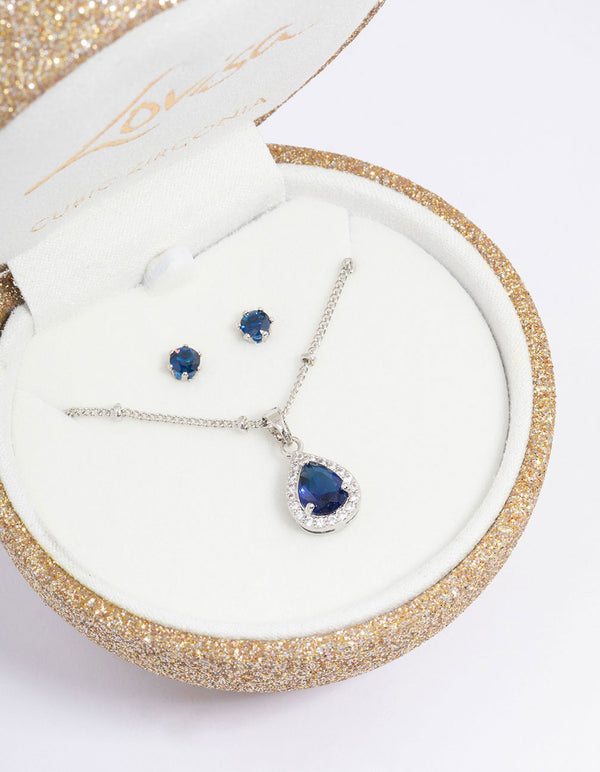 Silver Cubic Zirconia Sapphire Earring & Necklace Set