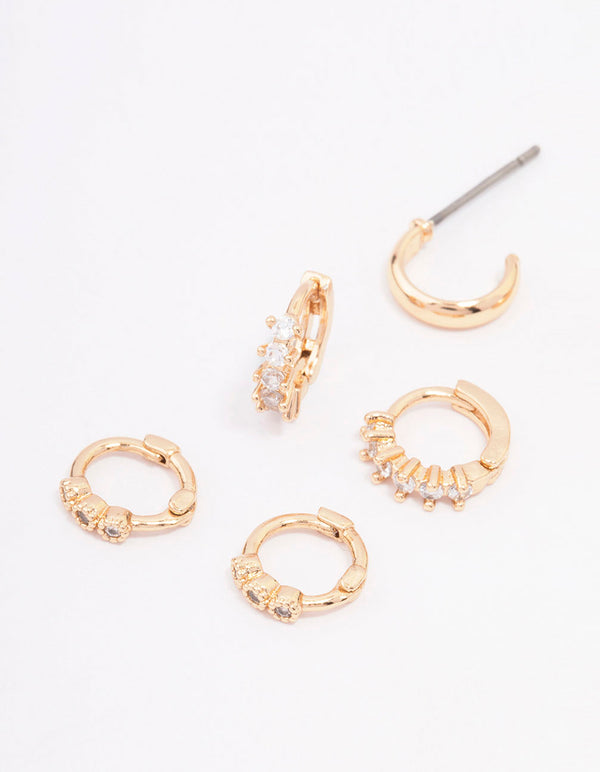 Gold Mixed Diamante Huggie Hoop Earring 3-Pack