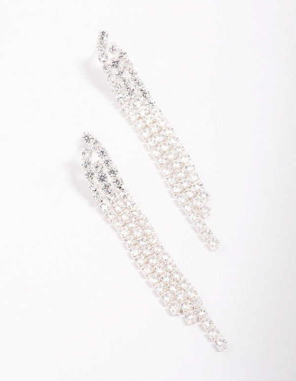 Silver Plated Brass Triangular Cubic Zirconia Cup Chain Drop Earrings