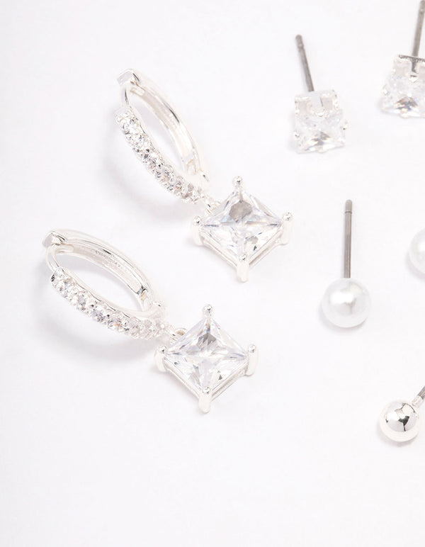 Silver Plated Brass Princess Huggie Earring 4-Pack