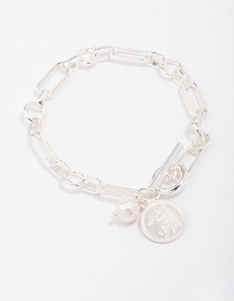 Silver Chunky Coin & Pearl Bracelet Lovisa