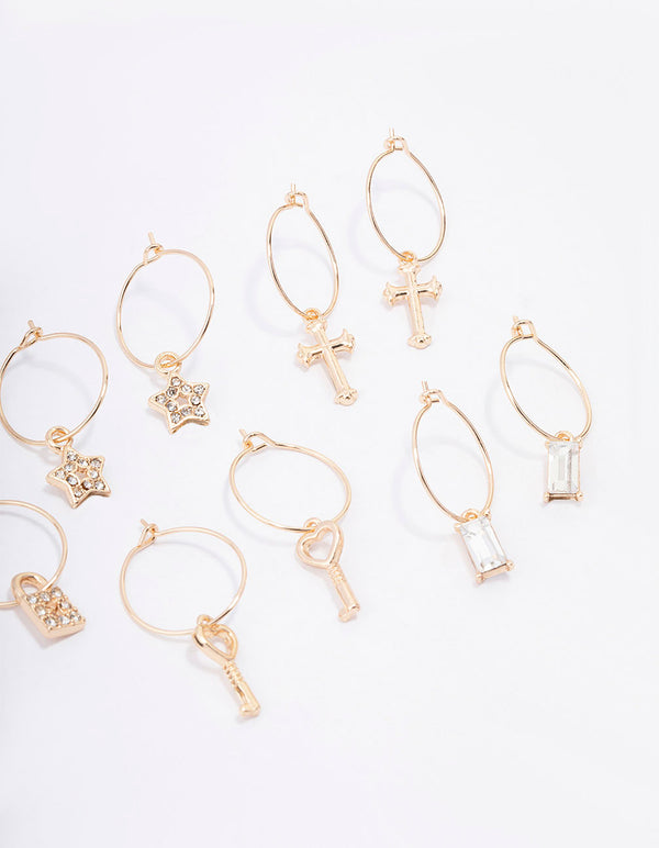 Gold Crystal Star Wire Hoop Earring 6-Pack