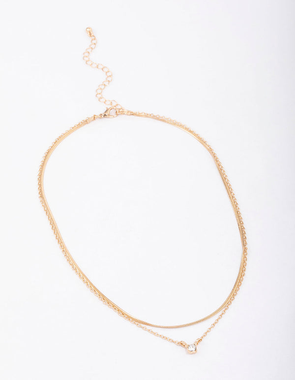 Gold Double Diamante & Snake Chain Layered Necklace