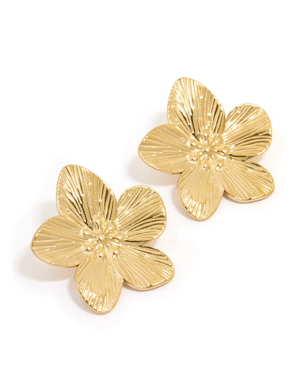 Waterproof Gold Plated Stainless Steel Textured Flower Stud Earrings