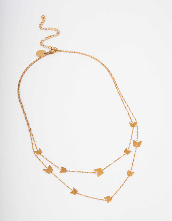 Waterproof Gold Plated Stainless Steel Double Layered Butterfly Necklace