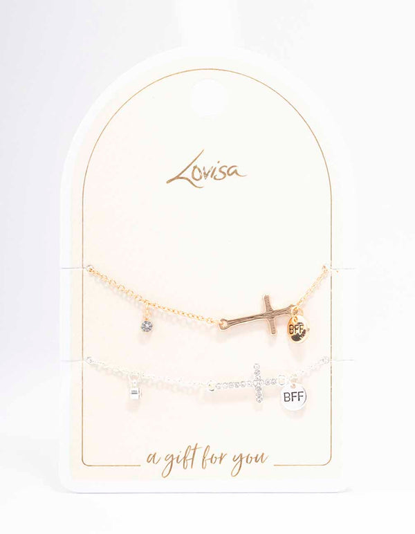 Mixed Metal Diamante Side Cross Bracelet
