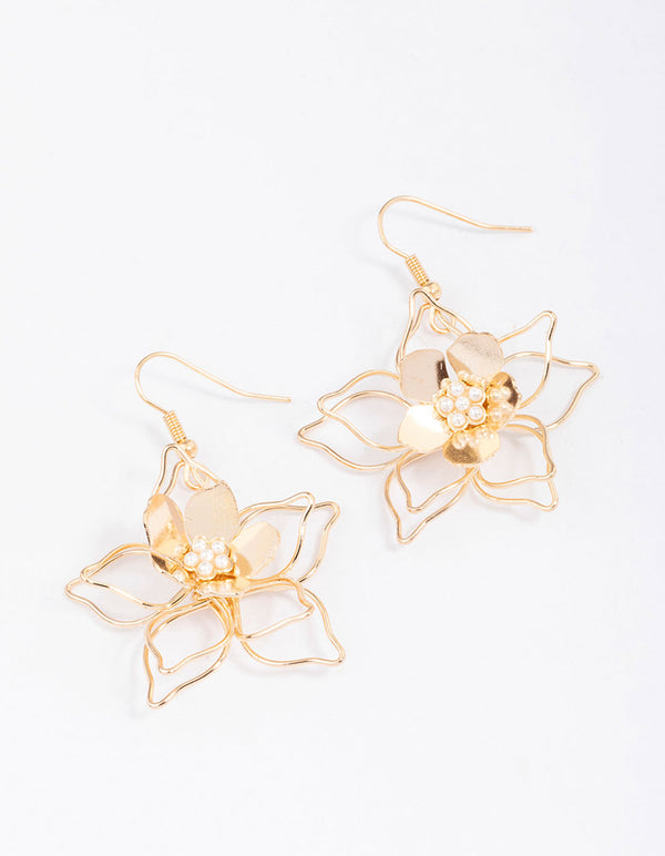 Gold Wire Pearl Flower Drop Earrings