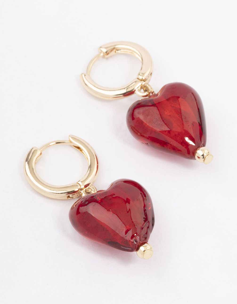 Gold Painted Red Heart Hoop Earrings