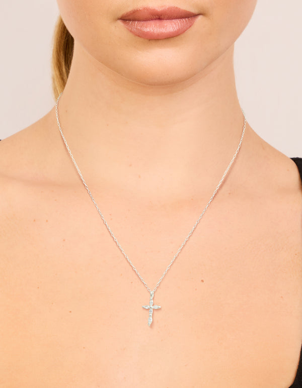 Discover this sterling silver cubic zirconia marquise cross necklace in dainty pendant style on neck view