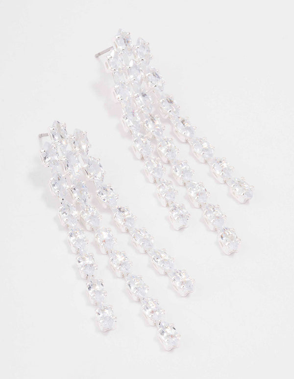 Silver Triple Layer Cubic Zirconia Cup Chain Drop Earrings