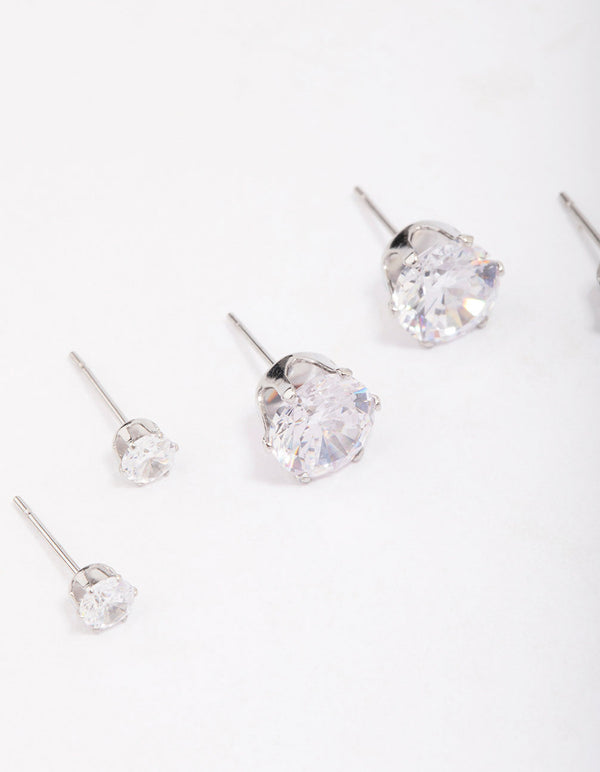 Crafted from waterproof stainless steel graduating cubic zirconia earring 3-pack with stud closure in silver close up view