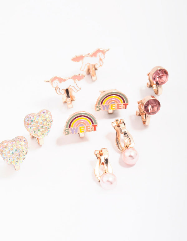 Kids Rose Gold Unicorn Clip-On Earrings 5-Pack