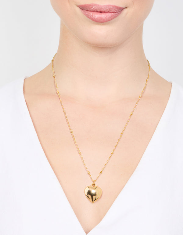 Gold Puffy Heart Ball Chain Pendant Necklace