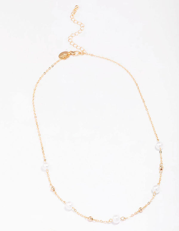 Gold Pearl & Ball Station Necklace