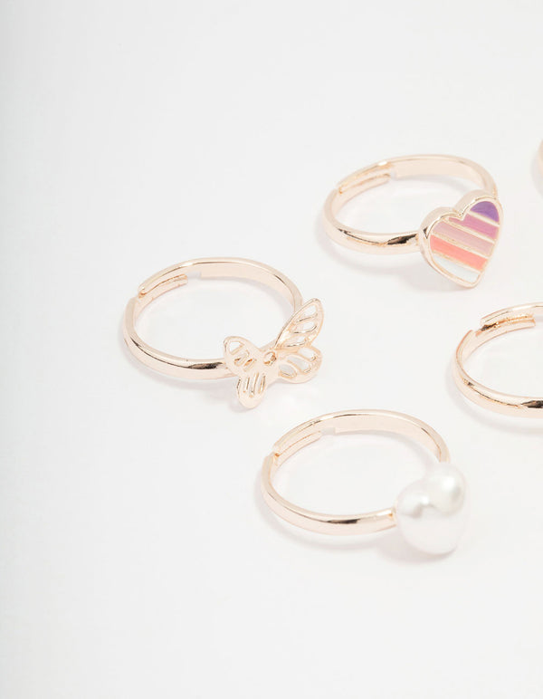 Kids Rose Gold Heart & Butterfly Ring Pack