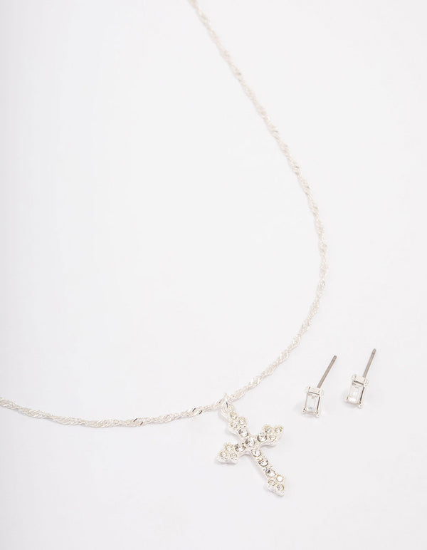Silver Plated Diamante Cross Pendant Necklace & Stud Earring Set