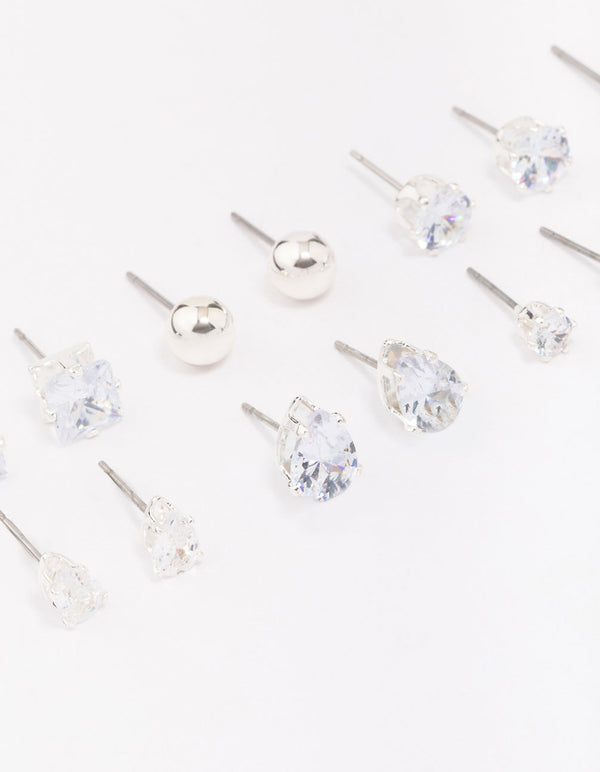 Beautifully crafted silver mixed diamante shape earring 8-pack close up view