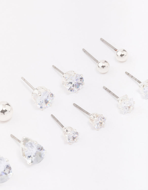 Designed with glitter, this silver mixed diamante shape earring 8-pack presents varied stud designs post detail view