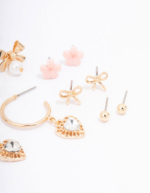 Gold Bow Flower & Pearl Earring 8-Pack