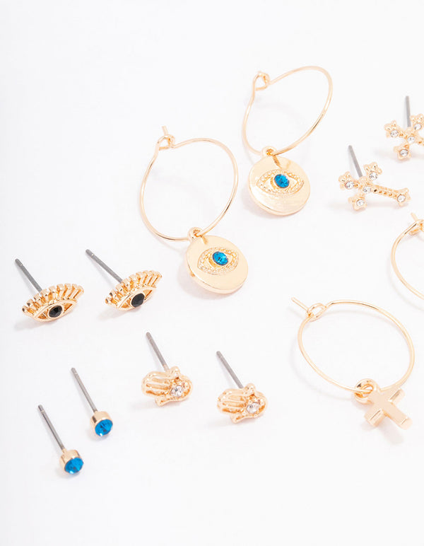 Gold Evil Eye Crystal Earring 8-Pack