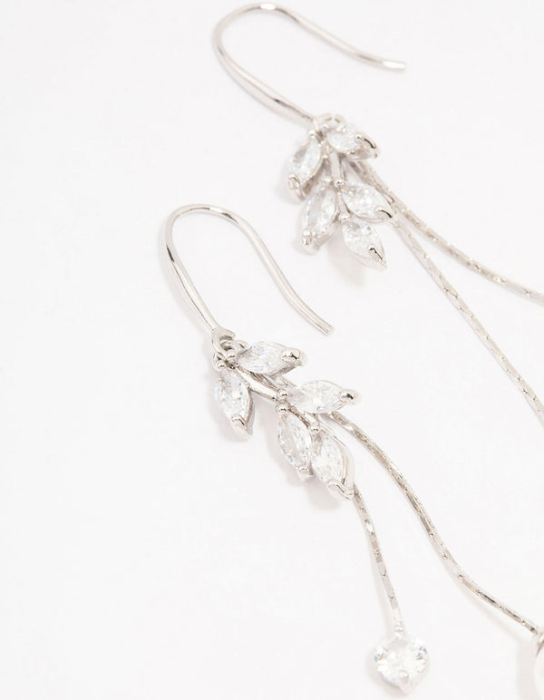Beautifully crafted silver cubic zirconia leaf and pearl drop earrings close up view