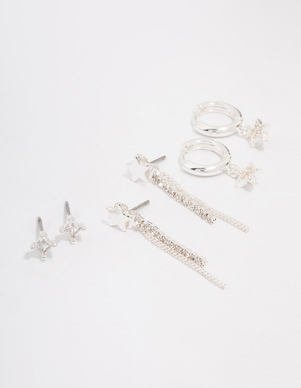 Silver Plated Brass Star Chain Earring 3-Pack