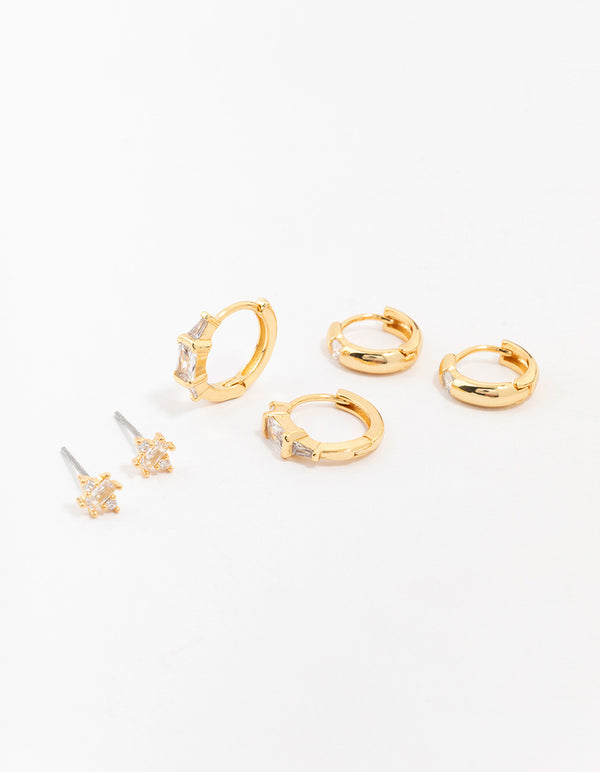 Gold Plated Brass Boho Baguette Earring 3-Pack