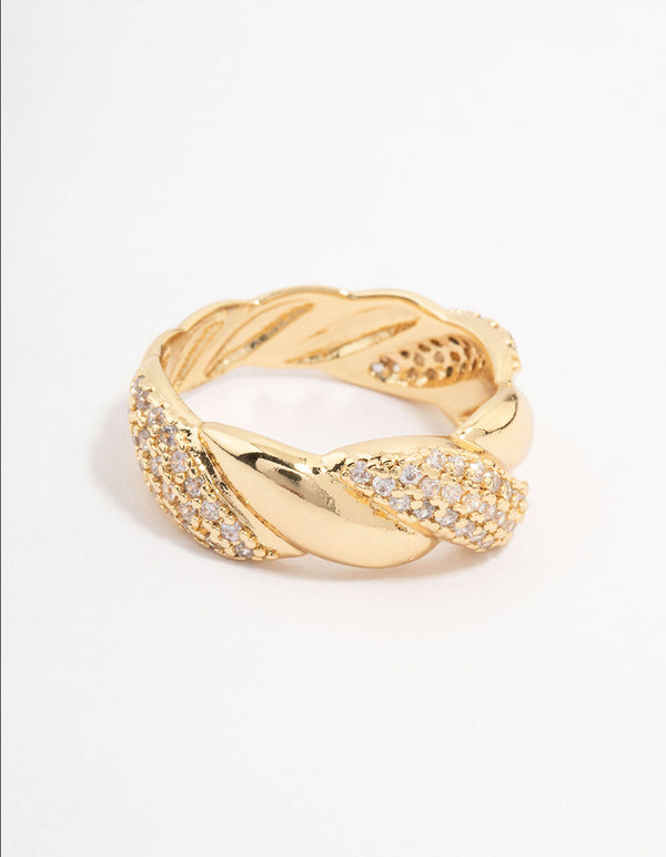 Beautifully crafted gold plated cubic zirconia braided ring front view