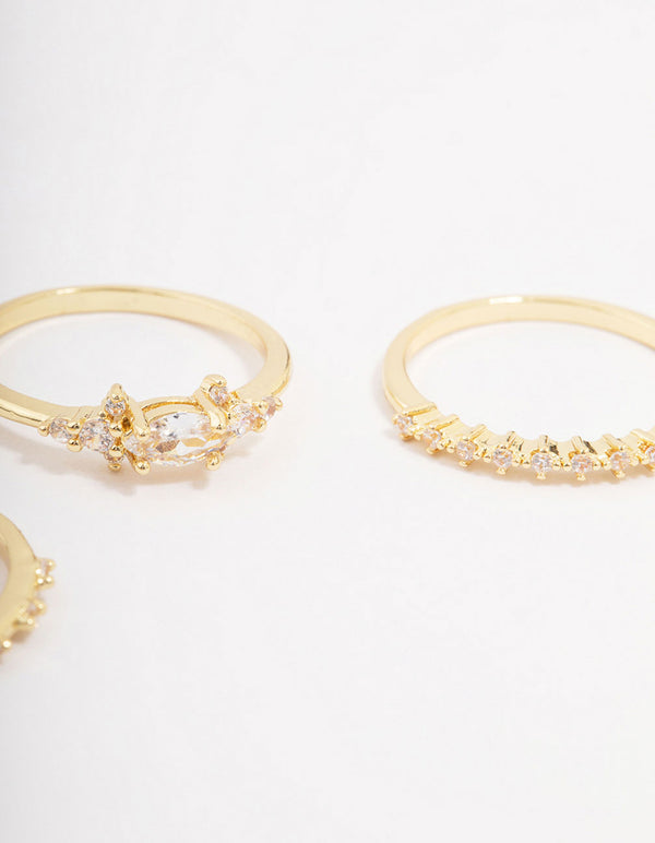 Highlighting fine gold plated marquise stacking rings in a 3-pack side detail view