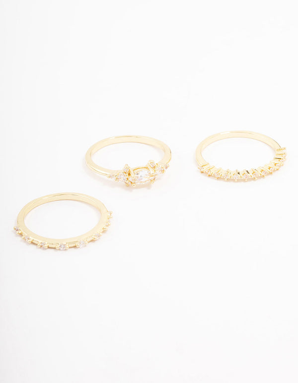 Showcasing fine gold plated marquise stacking rings in a 3-pack front view