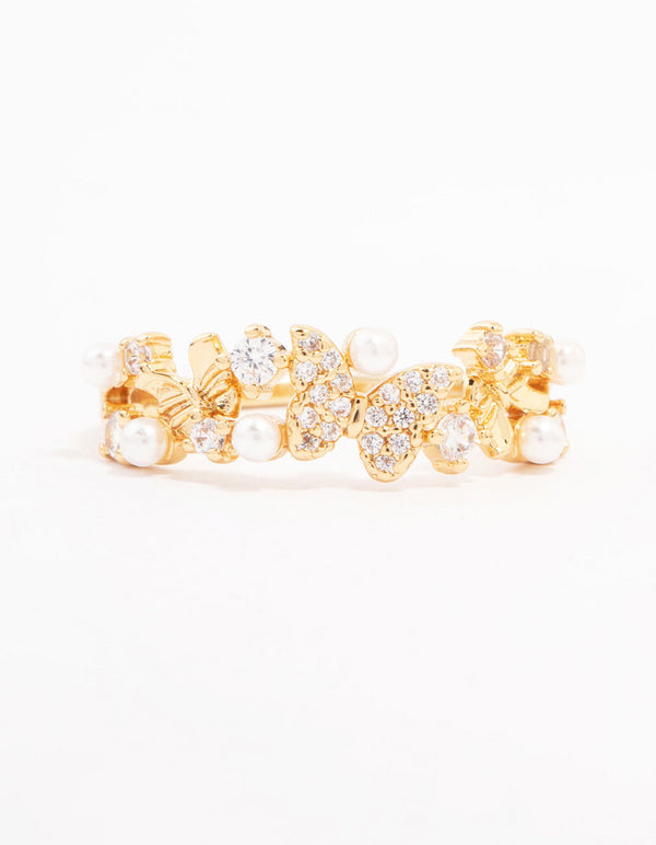 Beautifully designed butterfly pearl band ring crafted from gold plated metal with cubic zirconia in dainty style close up view