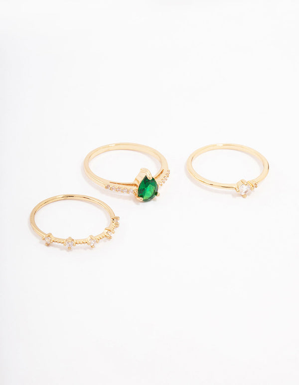 Showcasing a gold plated elegant pear triple stacking ring set with cubic zirconia stones in dainty style front view