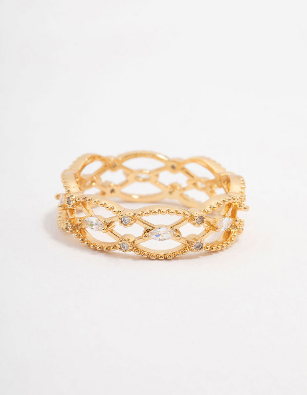 Beautifully crafted gold plated marquise band cubic zirconia ring with clear stones front view