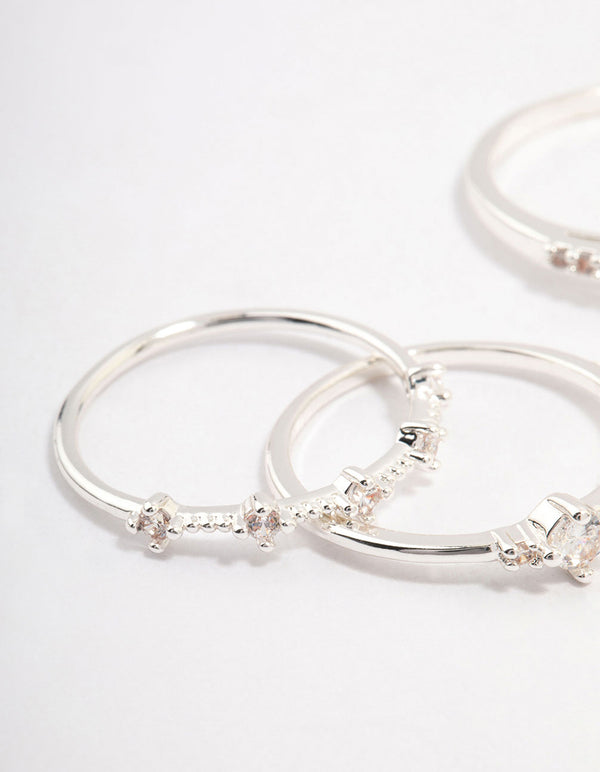 Elegant silver plated stacking ring in a 3-pack featuring crystal embellishments close up view