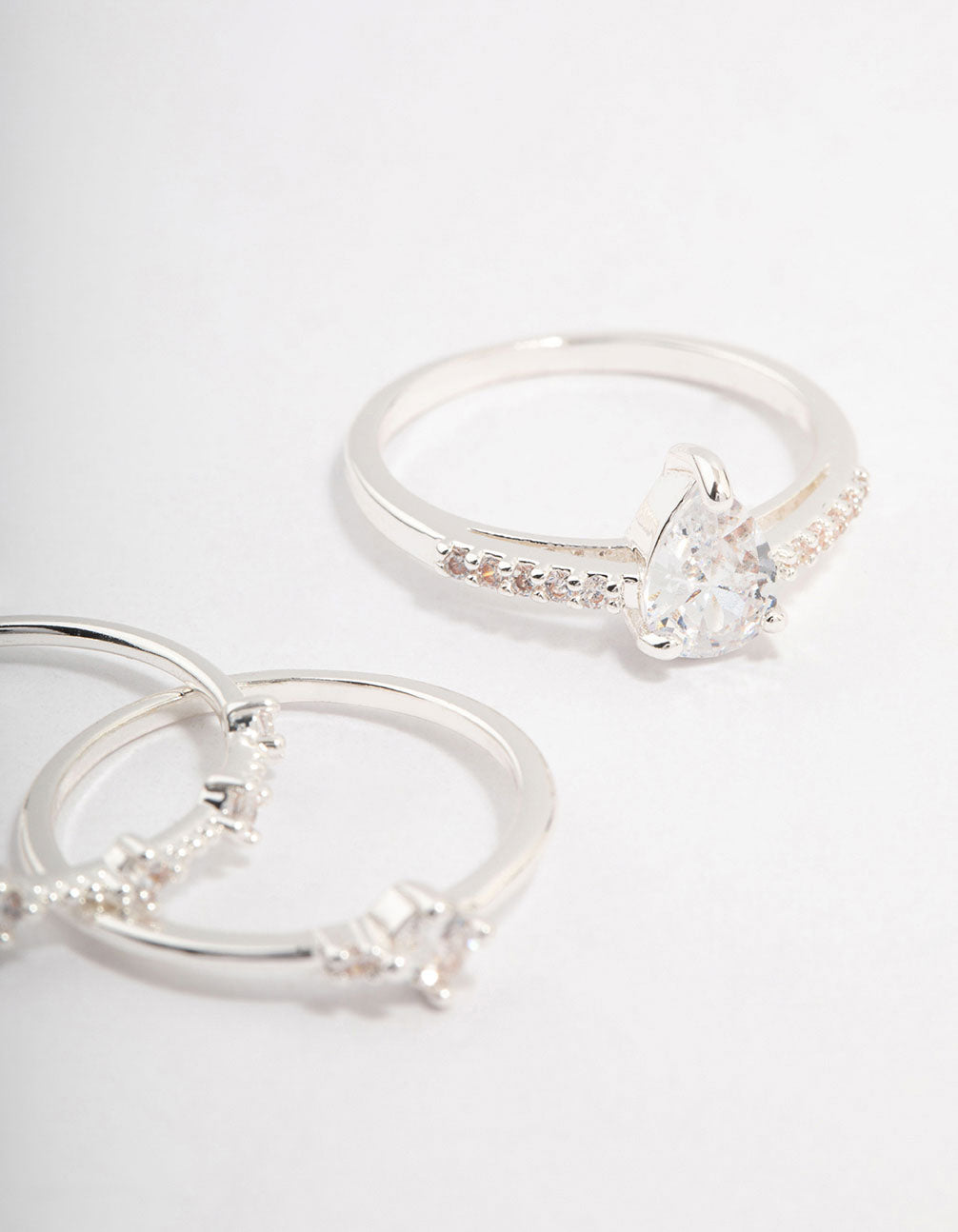 Elegant silver plated stacking ring in a 3-pack featuring crystal embellishments close up view