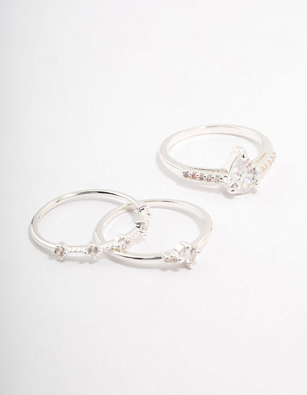 Elegant silver plated stacking ring in a 3-pack featuring crystal embellishments front view
